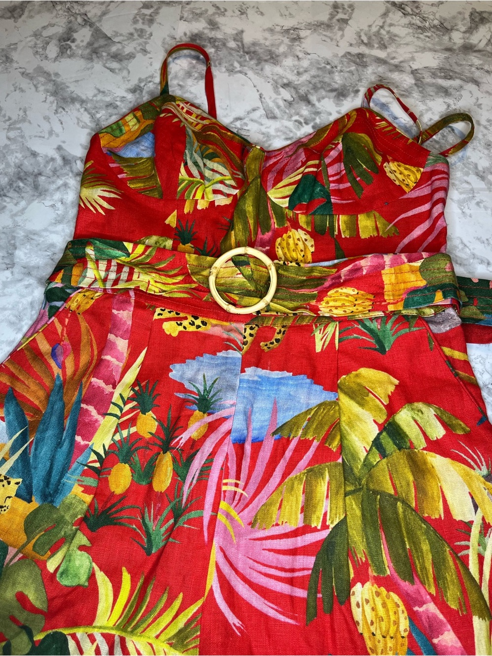FARM Rio Red Tropical-Print Spaghetti-Strap Jumpsuit with Belt - Picture 6 of 8